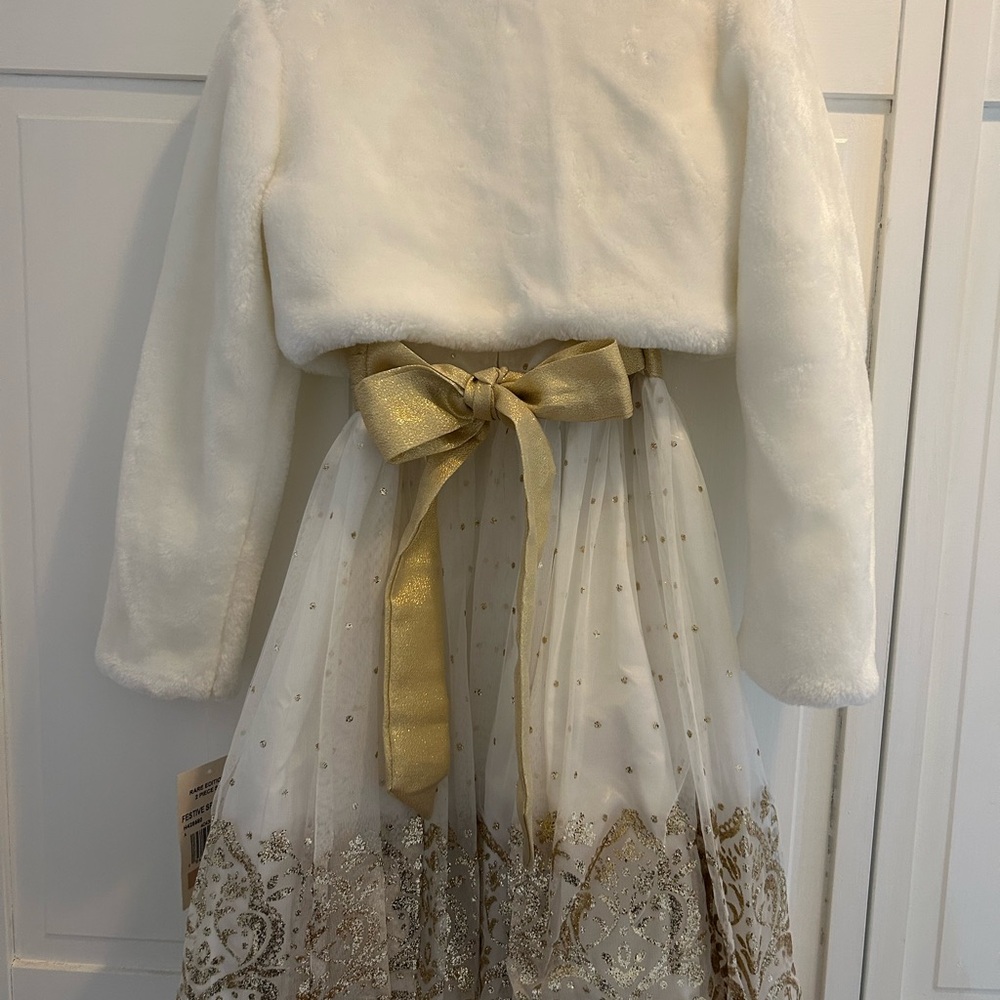 Rare Editions White and Gold Sparkle Tulle Dress with Faux Fur Bolero - Picture 2 of 6
